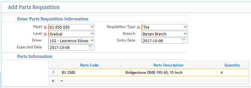 Add Parts Tires Requisition